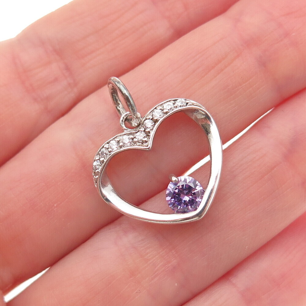 925 Sterling Silver Round-Cut Purple & White C Z Heart Mini Charm Pendant